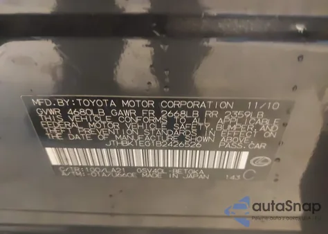 2011 Lexus Es 350 z USA, uszkodzony, nr VIN JTHBK1EG1B2426526